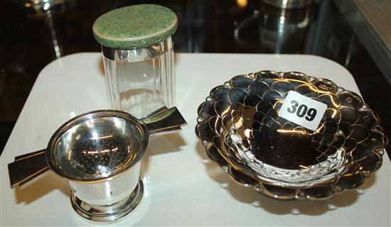 Art Deco silver tea strainer and stand, shagreen and silver jar and a silver petal dish